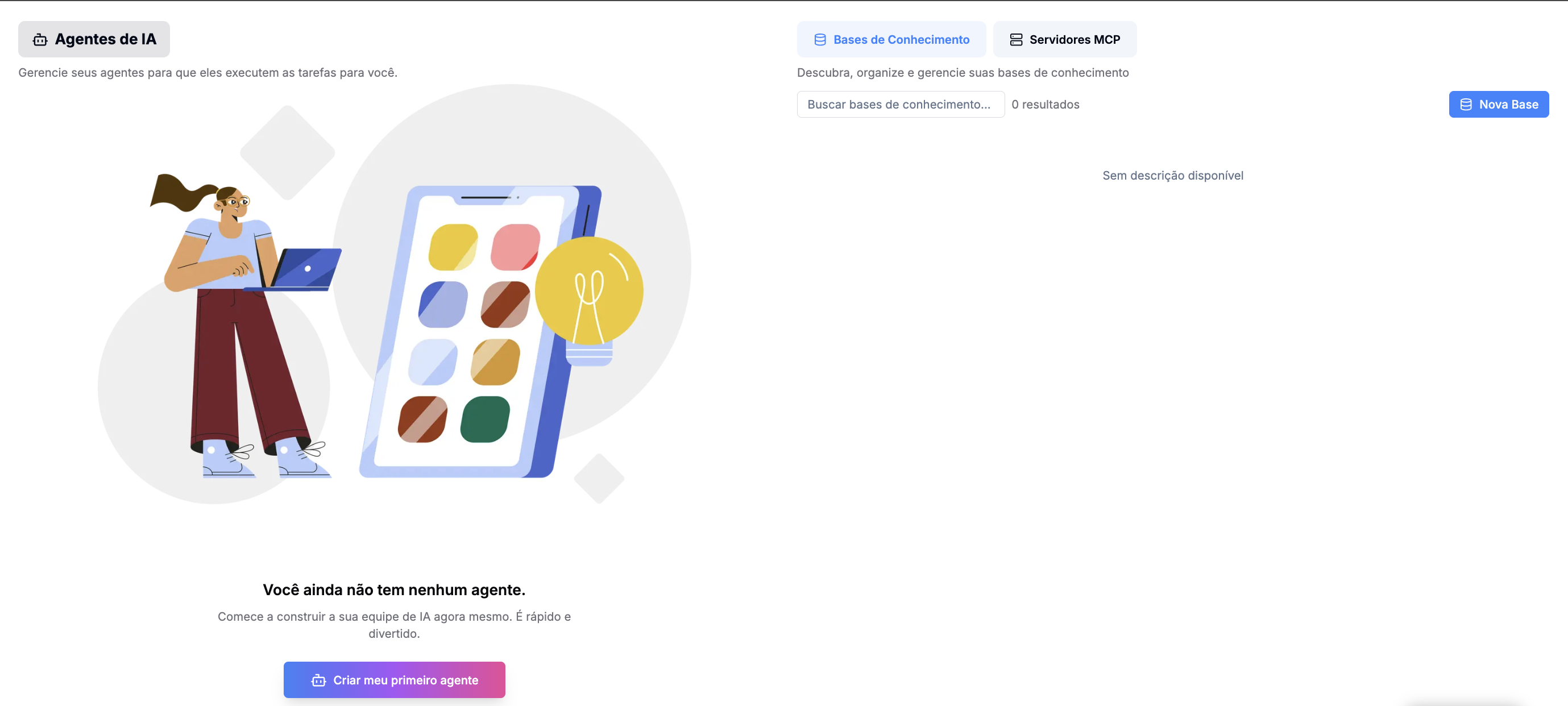 Tela de agentes de IA e bases de conhecimento do CRM