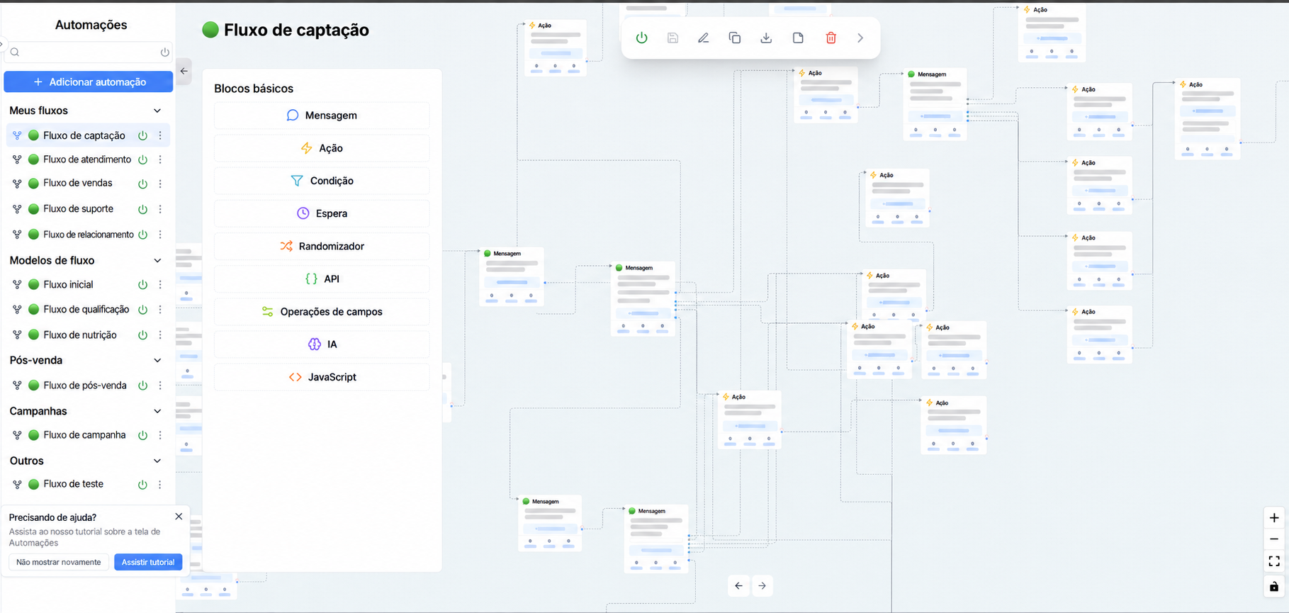Fluxo de automações do CRM com informações anonimizadas
