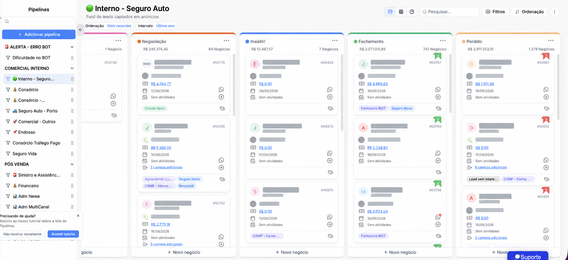Pipeline comercial do CRM com informações anonimizadas